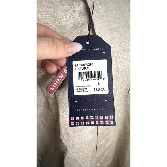 NWT Ben Sherman Men's Beige Linen Blend Short Sleeve Button-Down Shirt Medium - Picture 3 of 6